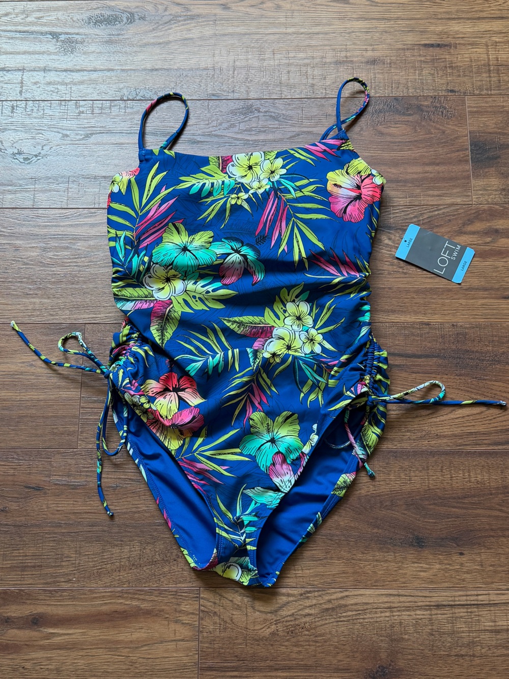 LOFT Women's Blue Shirred Side Tie Fully Lined One-Piece Swimsuit Size Large NWT